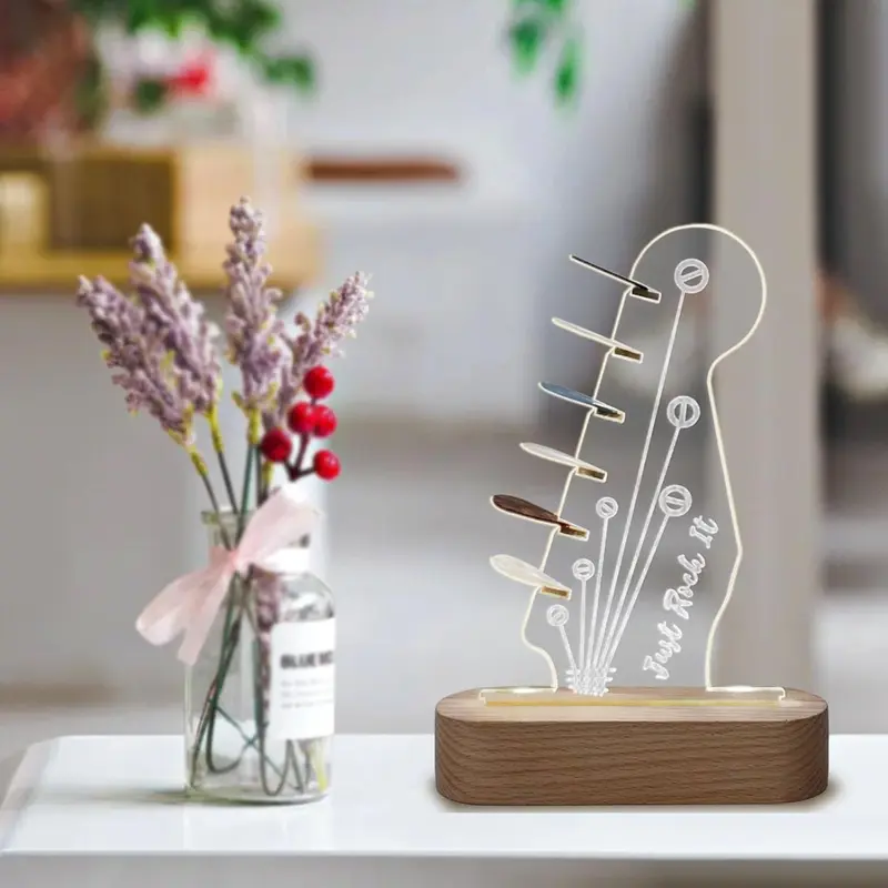 Guitar Shaped USB Rechargeable Night Light, Creative Guitar Design Ambient Night Light with Wooden Base, Decorative Light for Home Bedroom Living Room 3