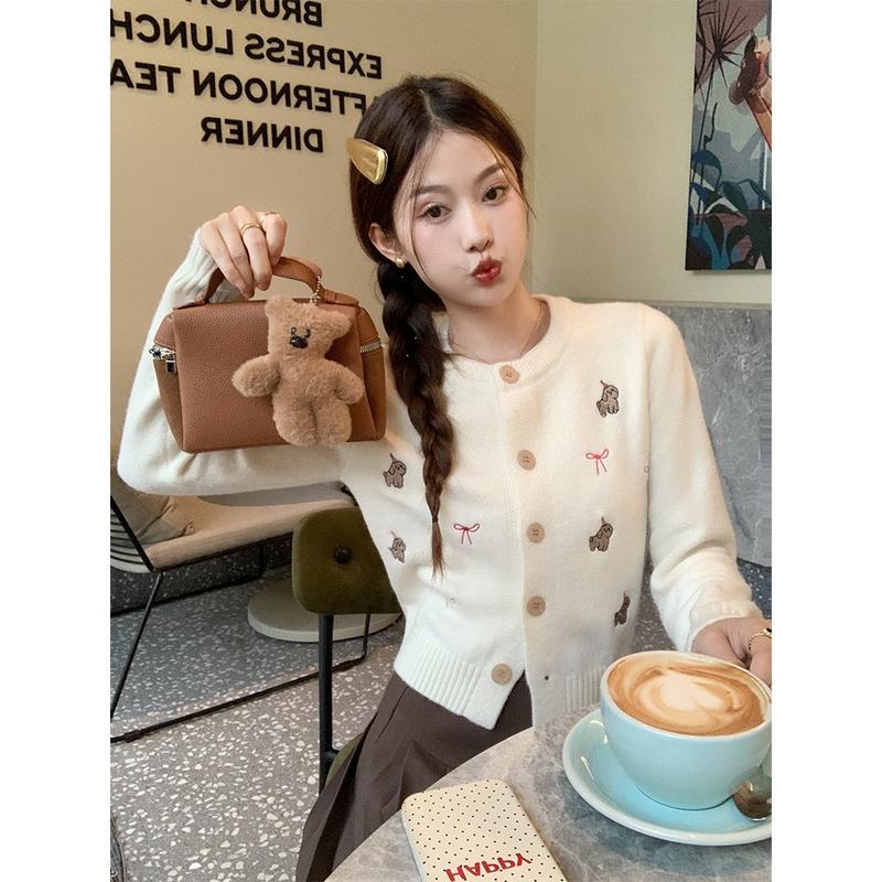 Áo Khoác Len Lông Thỏ Thêu Chó Nón Nơ Tiểu Thư Dễ Thương Cổ Tròn Phong Các Hàn Quốc Mặc Giữ Ẩm Mùa Đông Camcloset Nữ Women Top