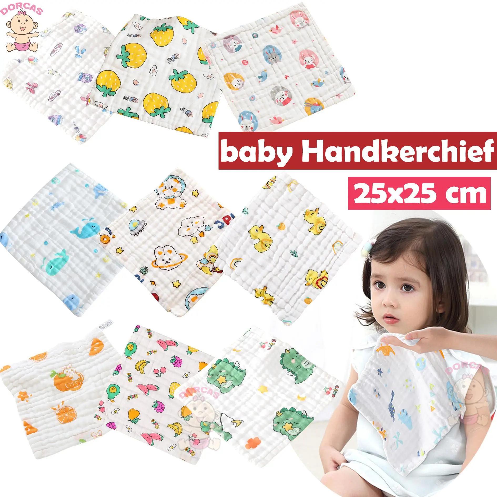 Baby Berkualiti High Desity 25cmx25cm 6 Layer Sapu Tangan Bayi, Baby Kids Gauze Cotton Handkerchief saputangan  bayi tumbuhan singa telinga panjang oren tuala & sarung kepala pancuran
