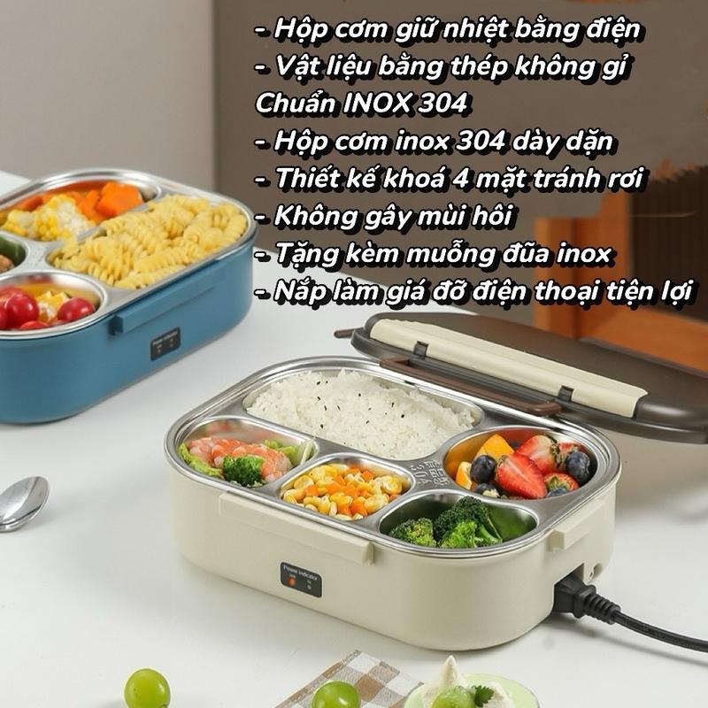 Hộp cơm giữ nhiệt bằng điện inox 304 dày dặn - 5 ngăn, khoá 4 ngăn chống rơi vỡ lunch mate ammo box đựng cơm hộp đựng cơm 1 ngăn bình ủ cặp khay