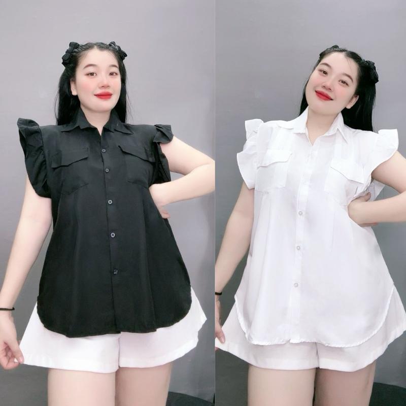  Set đồ bộ nữ bigsize áo sơ mi cánh tiên bèo tiểu thư vải lụa chéo kèm quần đùi ngắn chất liệu tây mềm mát SET907 Women 