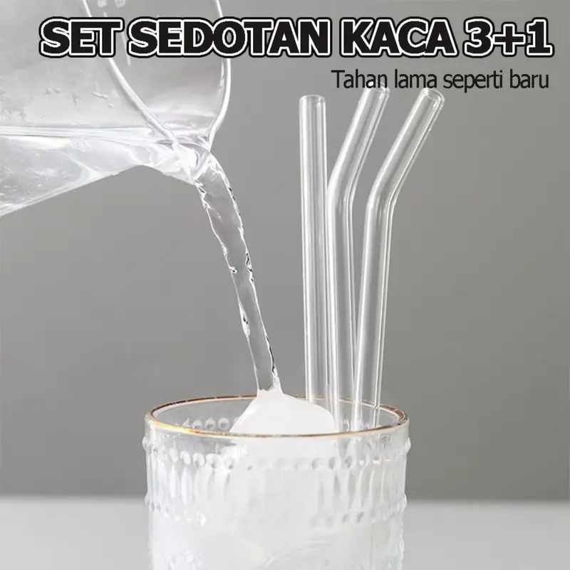 sedotan kaca bening set 4 pcs sedotan gelas transparan glass straw boba sikat sedotan food grade clear lurus bengkok estetik aesthetic eco friendly reusable 4in1 8