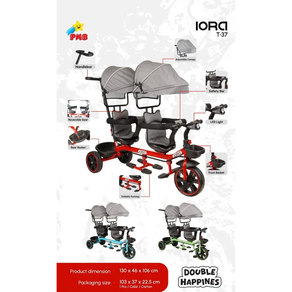 Sepeda Anak Roda 3 - PMB Iora Tricycle T-37 | Sepeda Anak Kembar | Bisa Hadap Depan Belakang Dilengkapi Kanopi | Musik & Lampu