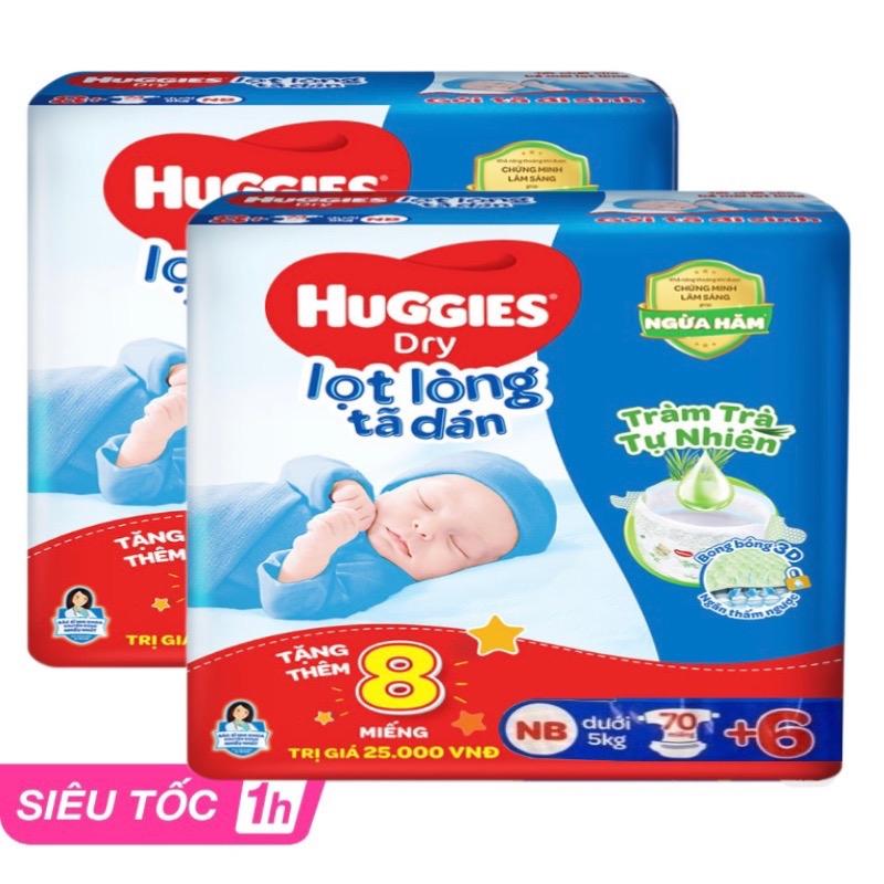 { TẶNG KHĂN ƯỚT } Combo 2 Bịch Tã dán Huggies Dry size NB 70+6 miếng (Dưới 5 kg) Trẻ sơ sinh