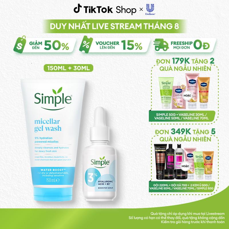 Combo 2 Skincare Sữa Rửa Mặt Simple Hỗ Trợ làm sạch và cấp ẩm sâu đa tầng cho da 150ml và Tinh chất Simple Hyaluronic + B5 Booster hỗ trợ cấp ẩm sâu đa tầng 30ml [1]