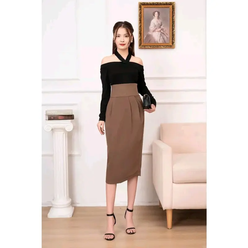 Chân Váy Bút Chì Dài Dáng Bomber 2 túi xẻ sau Nữ Women Voan 4
