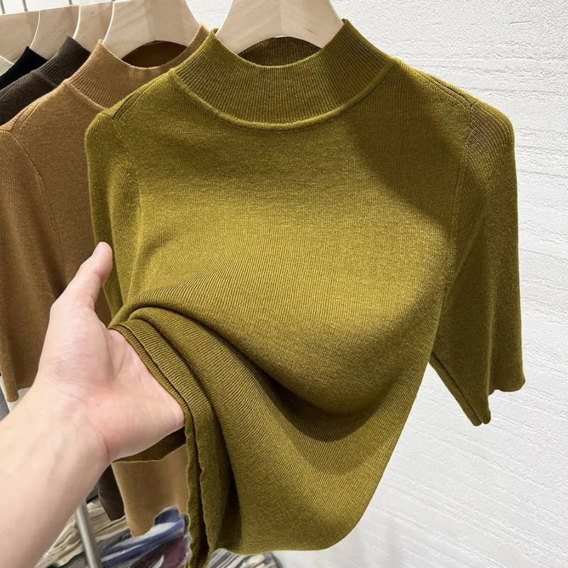Áo Len Dệt Kim, Cổ Lọ Nửa Và Tay Lửng, Dành Cho Nữ, Bộ Sưu Tập Mùa Xuân Và Mùa Thu, Hàng Mới Về, ngắn Tay Áo Bên Trong Áo, Áo Sơ Mi Cơ Sở Thời Trang, Thích Hợp Cho Năm 2025 Top Women