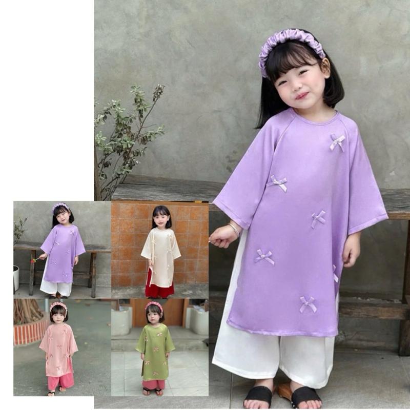 Áo Dài NH 01 Mặc Tết Cho Bé Gái Nơ Lụa Ngọc Trai Mềm kèm bờm