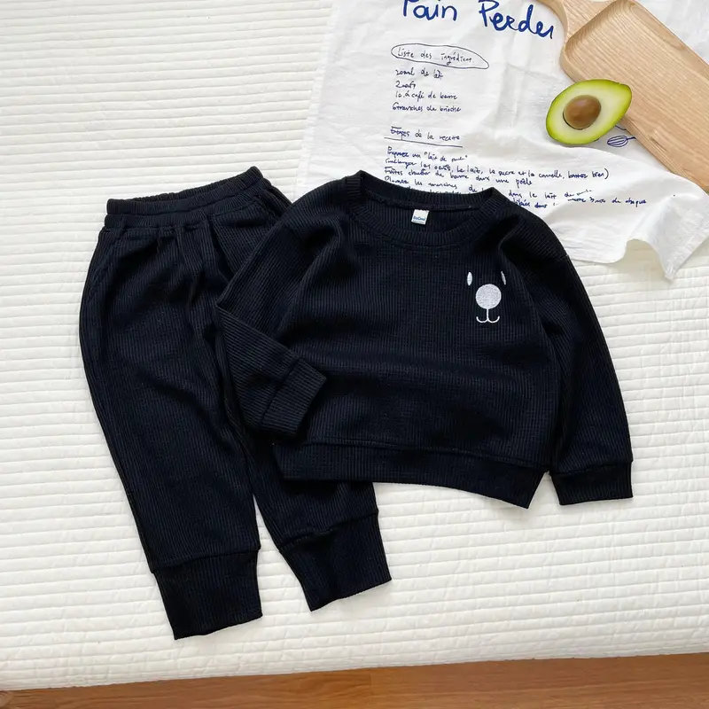 Bộ dài tay thêu mặt chú chó ngộ nghĩnh cho bé, Bộ Thu đông chất tổ ong cho bé trai_ bé gái Từ 8-23kg 2