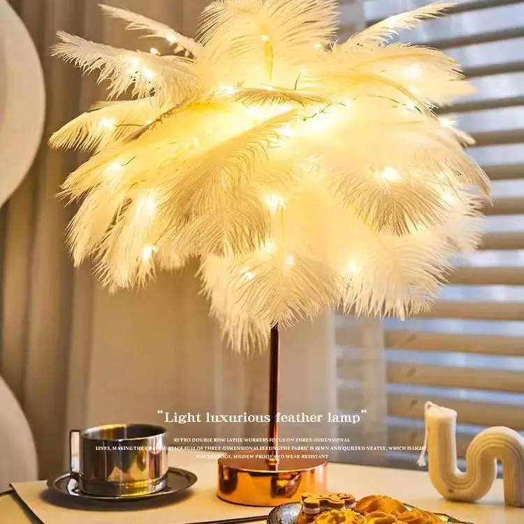In Stock Feather Decoration Nordic Instagram Style Bedroom Living Room Girl Bedside Lamp Modern Romantic Small Night Lamp Decorative Lamp