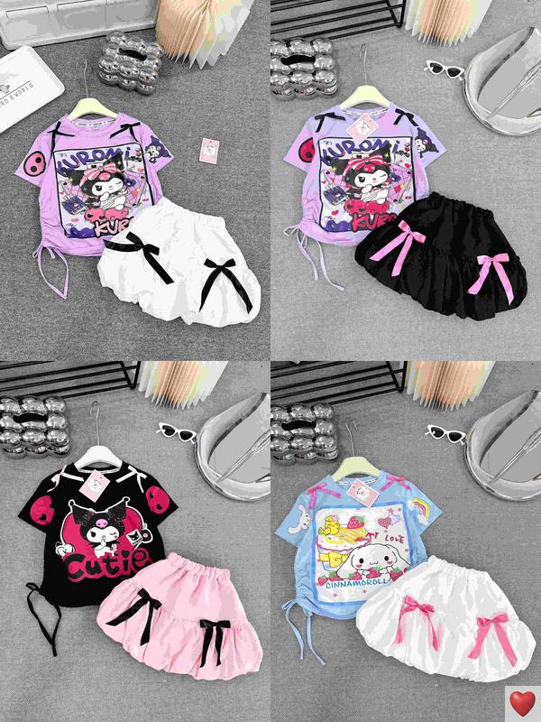 [MinMinKid2] (18-42kg) Set áo thun cotton in hoạ tiết Kru ngộ nghĩnh phối chân váy đũi ĐÍNH NƠ xinh xắn cho bé gái