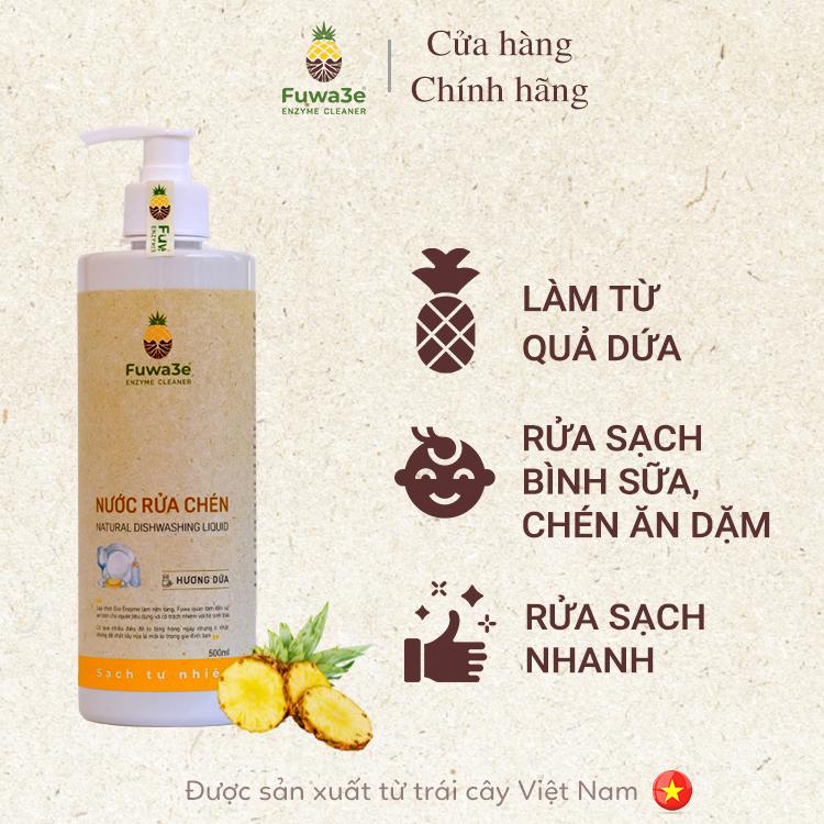 Fuwa3e - Nước Rửa Chén Fuwa3e Hương Dứa 500ml- Nước rửa chén sinh học thiên nhiên an toàn được lên men từ dứa và bồ hòn - Làm Sạch chén bát với chỉ một lần tráng   #OCOP