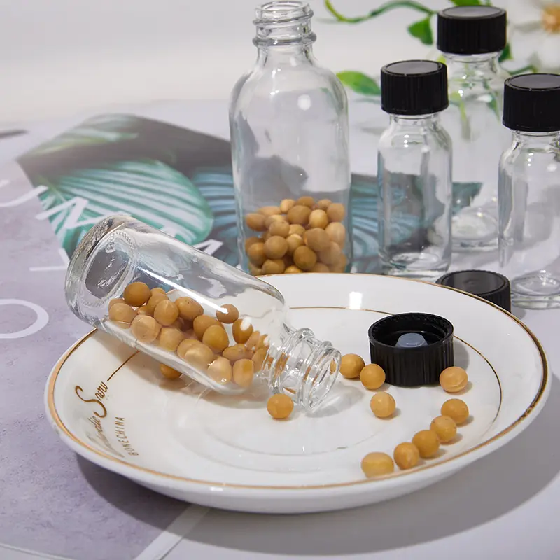 6 pcs Small Clear Glass Bottles With Lids Glass Containers Round Sample Bottles For Juice, Oils, Ginger Shots, Whiskey, Liquids
