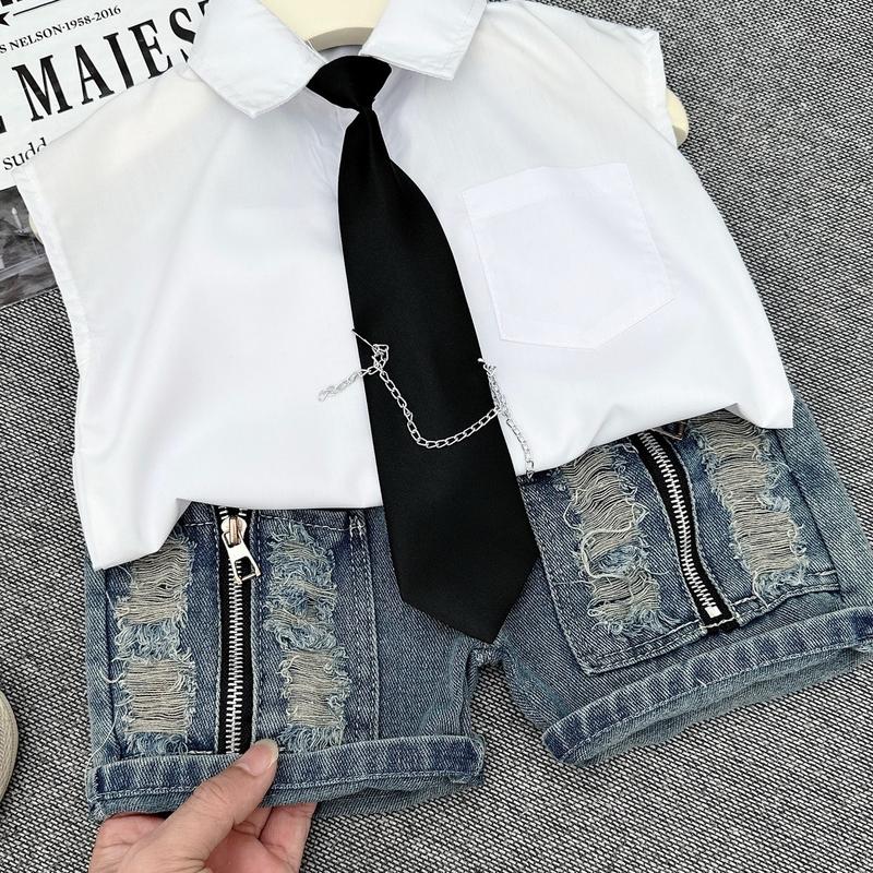  Bộ sơ mi boy phố ba chi tiết kèm cà vạt cho bé trai áo trắng cổ bẻ tay hến quần jean đen size 10-28kg  kèm cà vạt bất kì   