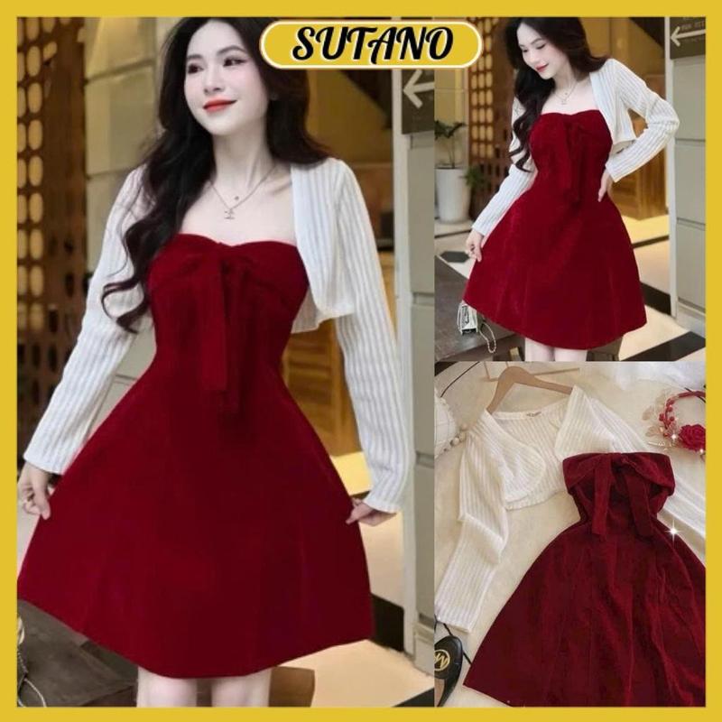 Set váy nhung đỏ cup ᵰgực phối nơ to tiểu thư phối áo khoác cardᶖgan tăm dài tay đầm nhung dự tiệc cao cấp V337 SUTANO