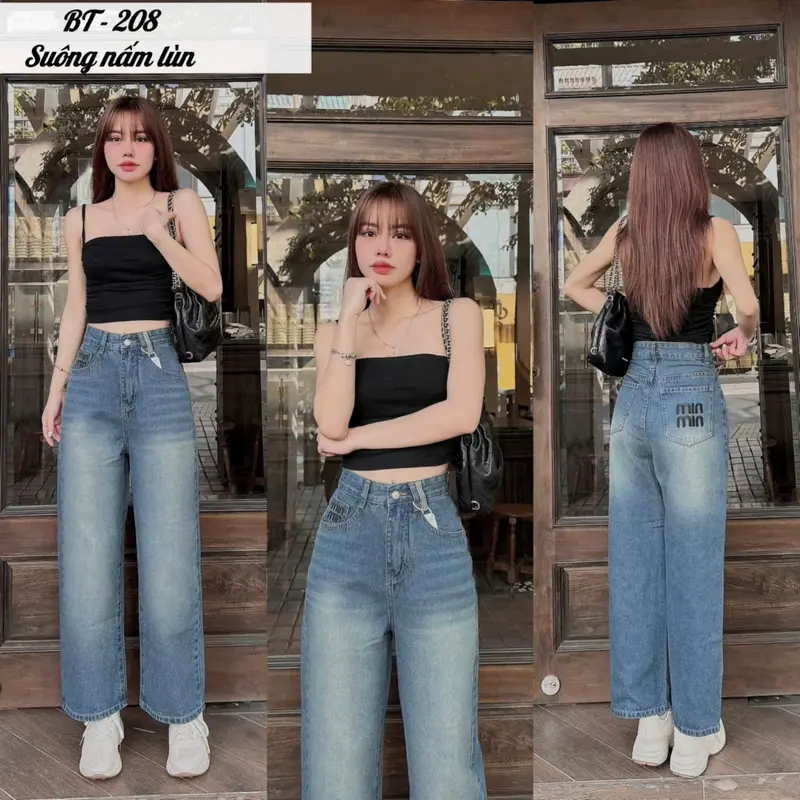 (Suông nấm lùn-95cm) Quần jeans suông nấm lùn thêu minmin, tông màu xanh nhạt bụi, chất jean sotton không giản 208 Nữ Women Pants 0
