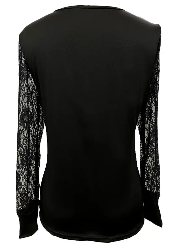 Women's Solid Contrast Lace V Neck Blouse, Fashion Casual Long Sleeve Top for Daily Wear, Women Clothing for Spring Fall, Clothes for Women 1