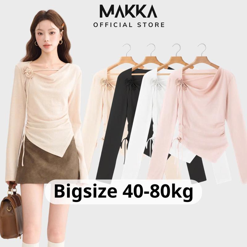 Áo thun nữ thiết kế MAKKA áo thun dài tay đính hoa vải vạt chéo phối dây rút nhún eo sang chảnh 3117