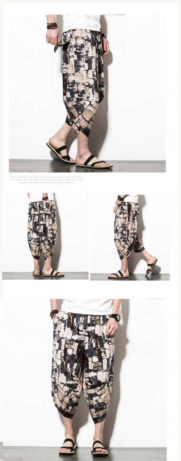 Product Introduction of Wind Cotton Linen Harem Pants Summer Beach Cropped Pants Men's Loose plus Size Bloomers Wind Flower Pants Trendy sweat  shorts jorts  pants linen  shorts  men 5