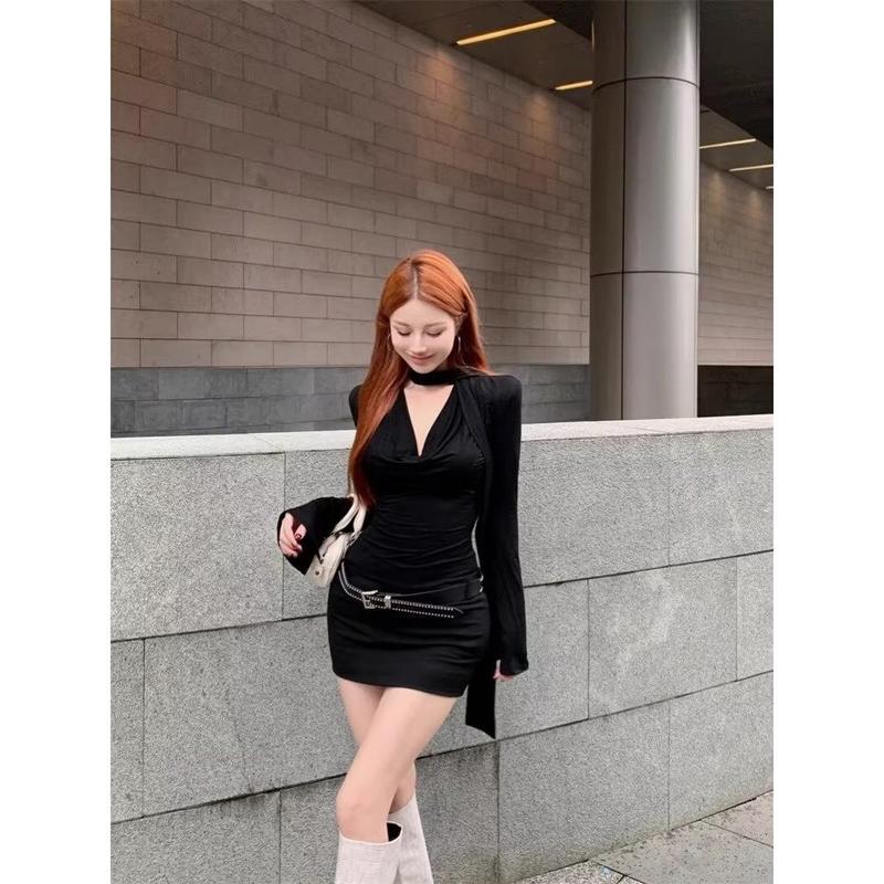 New Women's Fashion Sister American Style Spaghetti Strap Long Sleeve Dress for Women Autumn New Waist-Cinching Elegant Sexy Bodycon Short Dress 3