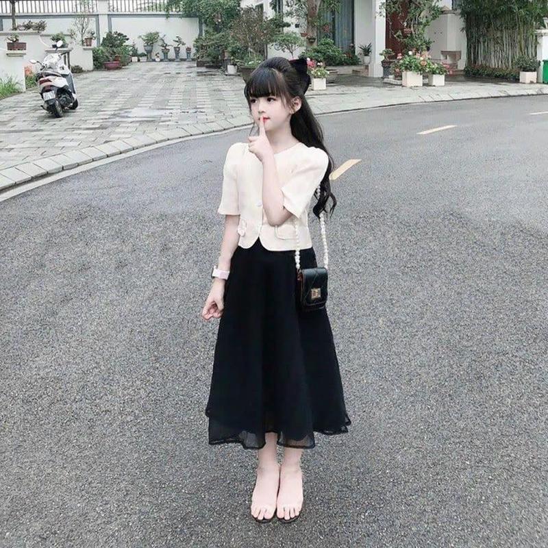 Mã S11: ( 20kg - 50kg ) Set Áo Vest Váy Sang Chảnh Cho Bé Gái