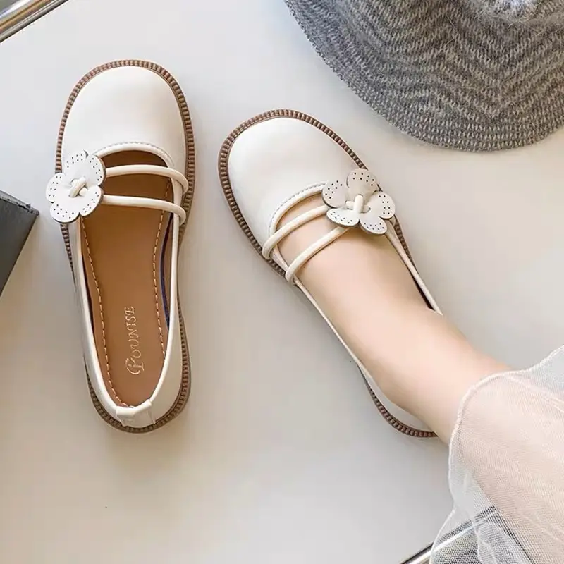 giày búp bê lobita nữ 5cm cài hoa trà chất da mềm Mũi tròn Shoes Giày Bệt 8