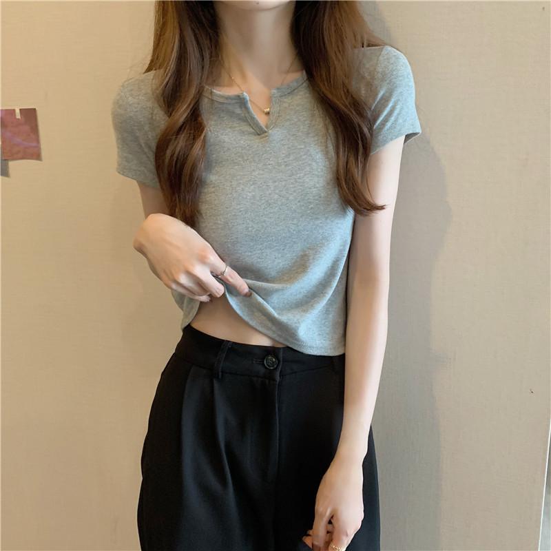Product Introduction of Summer slim fit crop top spicy girl outfit T-shirt short sleeved plain color, comfortable and breathable, paired with jeans 25