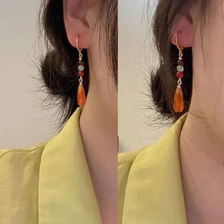 Vintage Colored Crystal Beaded Earrings Natural Stone Personality Design Retro Asymmetric Earrings for Women Jewelry Earrings 3