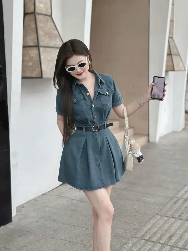 Váy đầm nữ dáng  xòe chất jean cổ sơ mi cài nút thiết kế trẻ trung sang chảnh 1