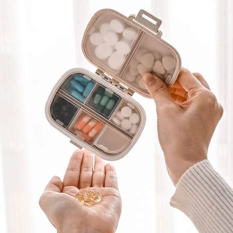Portable 8-Compartment Sealed Pill Box Moisture-Proof Weekly Pill Organizer Storage Wheat Medicine Box