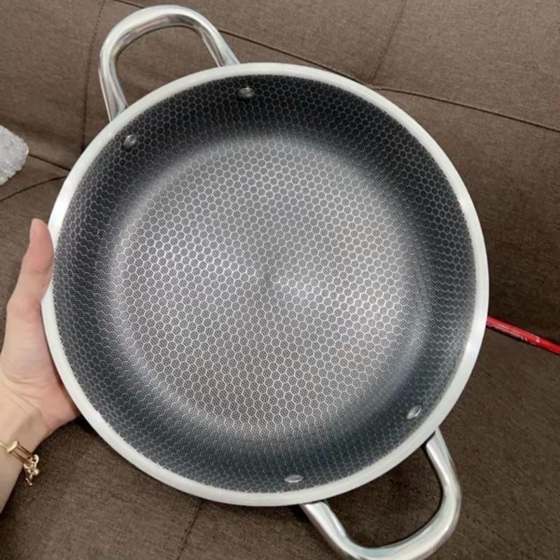 Chảo Tổ Ong Đáy Phẳng 2 Quai, Chống Dính Sâu Lòng, Size 28 cm, mồi inox Phù Hợp Với Mọi Loại bếp inox 304 siêu bền
