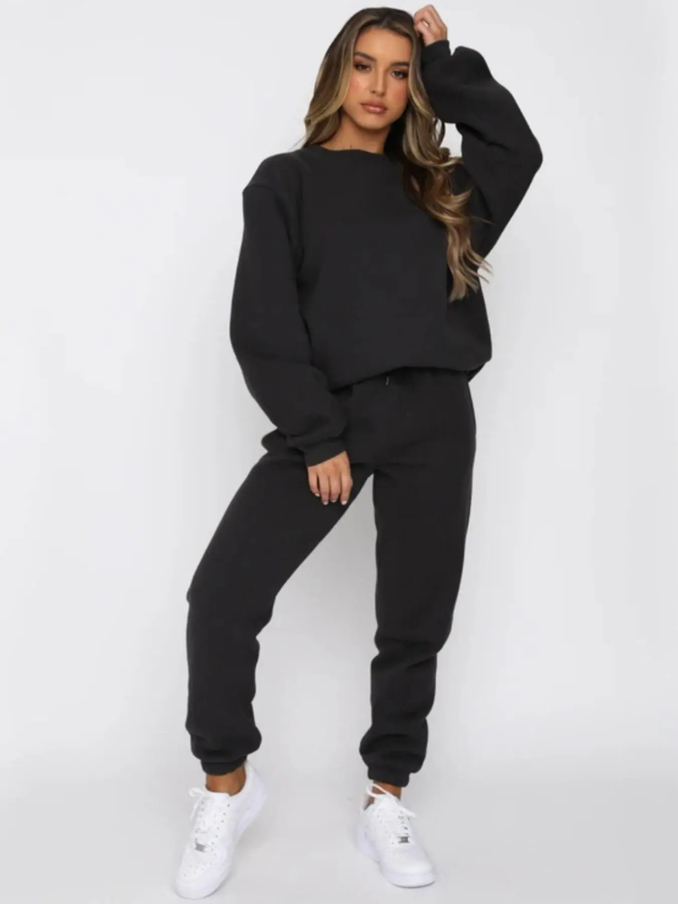 Two-Piece Set Women's Solid Color Drop Shoulder Sweatshirt & Drawstring Waist Sweatpants Set, Casual Fashion Cozy Breathable Two-piece Outfits for Daily Outdoor Wear, Women Clothes for Fall & Winter