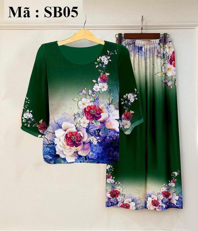 Đồ bộ lụa in hoa 3d cao cấp dành tặng mẹ tặng bà Nữ Women Voi Áo Top Polo Sen Kem Hoa Sen Quần Ngủ Áo ngủ Pijama