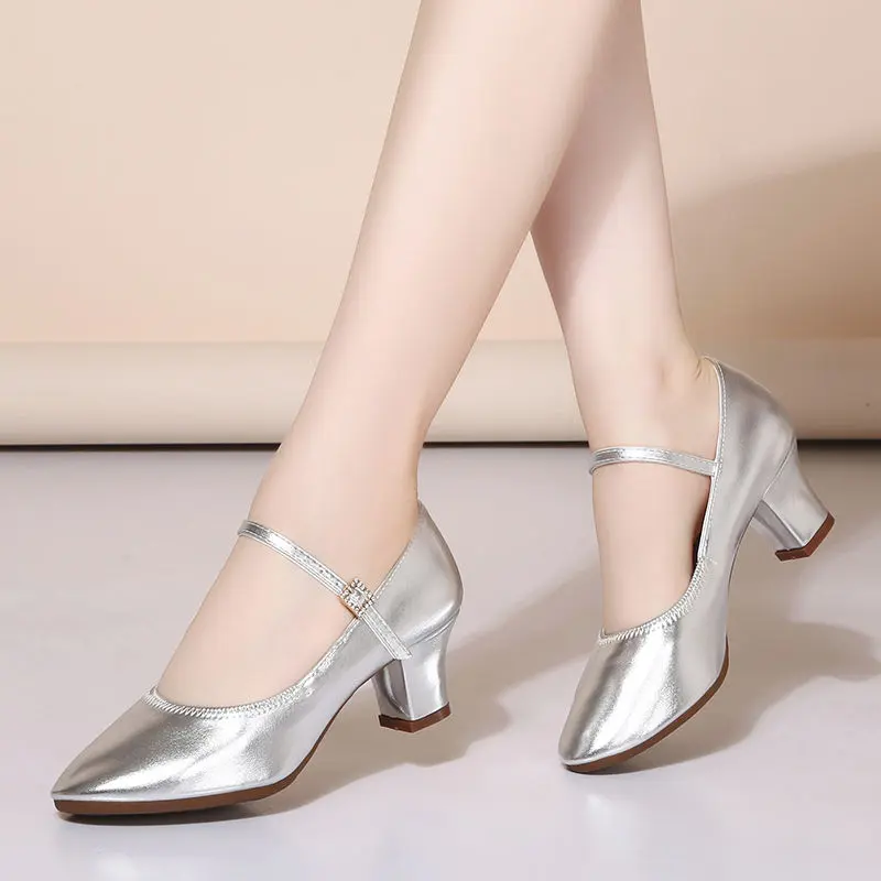Dance Shoes for Women New Genuine Leather Soft Sole Dance Shoes Outdoor High Heel Square Dance Shoes Silver Ballroom Latin Dance Shoes Pedal