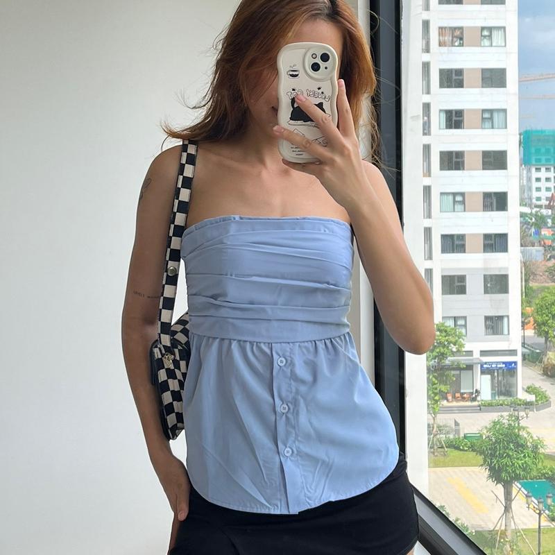 Áo ống cúp nguc dáng xoè RENSI quây chun xếp ly cài nút sơ mi ôm gọn A01 Nữ Top Trắng 3