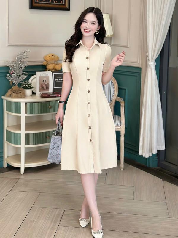 Đầm nữ công sở thiết kế Nhật Vy cổ sơ mi dáng ôm cài cúc gỗ chất lụa - D3131 Women Dress Nhung