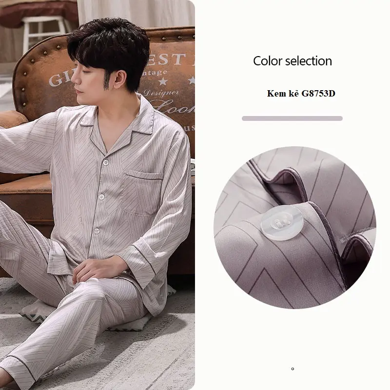 Bộ pyjama nam trung niên tay dài quần dài mặc nhà vải lụa mềm mại, thoáng mát G8753D - Thời Trang Dương