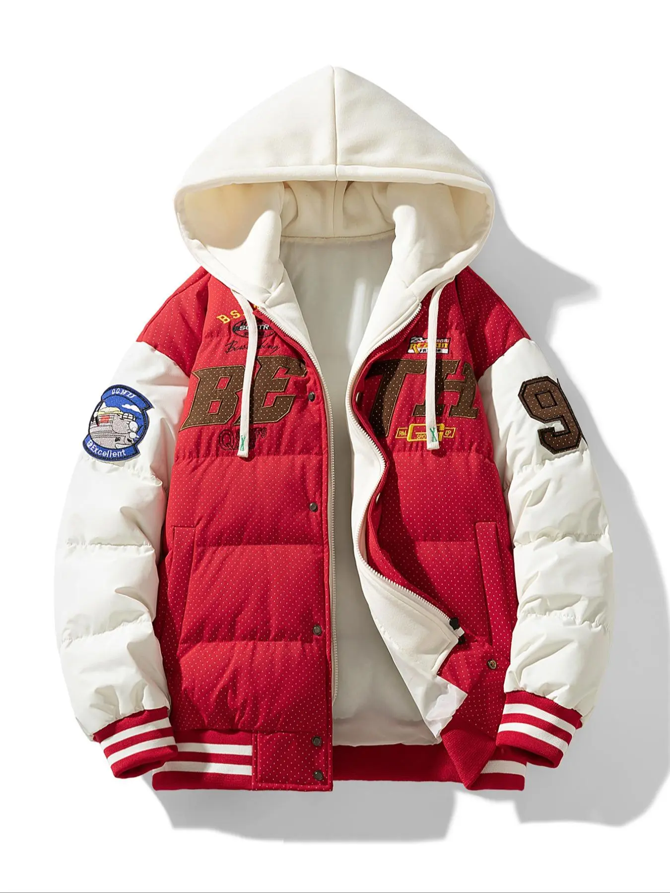Men's Colorblock Striped Trim Embroidery 2 in 1 Zip Up Hooded Jacket, Regular Fit Casual Drawstring Long Sleeve Button Front Outerwear for Fall & Winter, Men's Clothes for Daily Wear