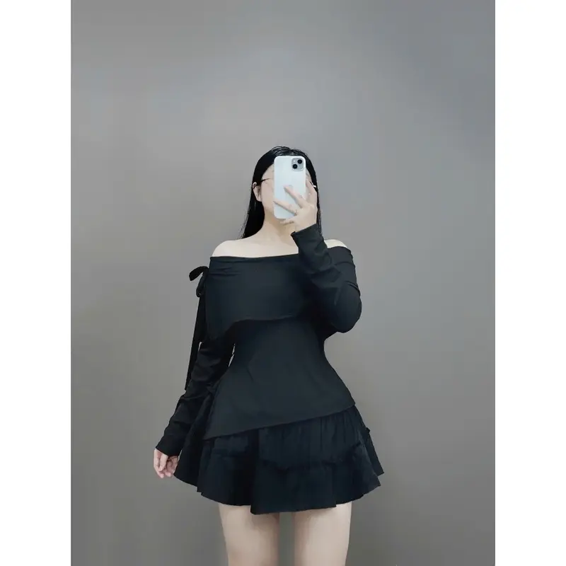 Set Bộ Trễ Vai Tiểu Thư Bigsze Nữ Tay Dài Buộc Nơ Sành Điệu Chất Tăm Mềm Mịn Phối Váy Ngắn Xòe Tầng Lưng Cao Vải Xốp Đũi SET942  Nhung Women set  dodientet Áo Kem 6