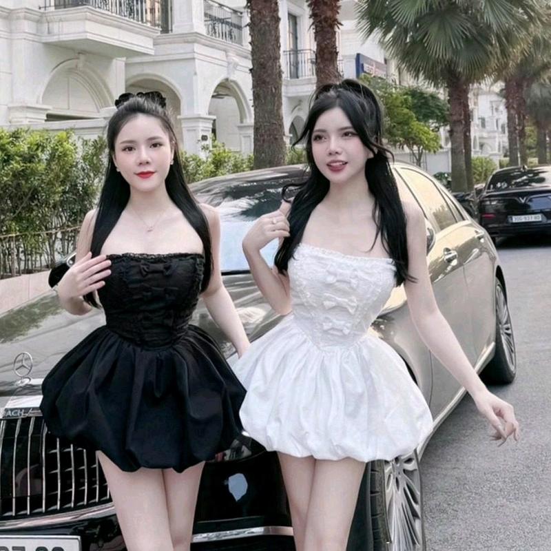 Đầm bí cúp gấm nơ ngực có kèm quần mặc đi tiệc, dạo phố xinh váy pastel hồng, trắng, đen Nữ Cup Women Dress Kem váy dự tiệc