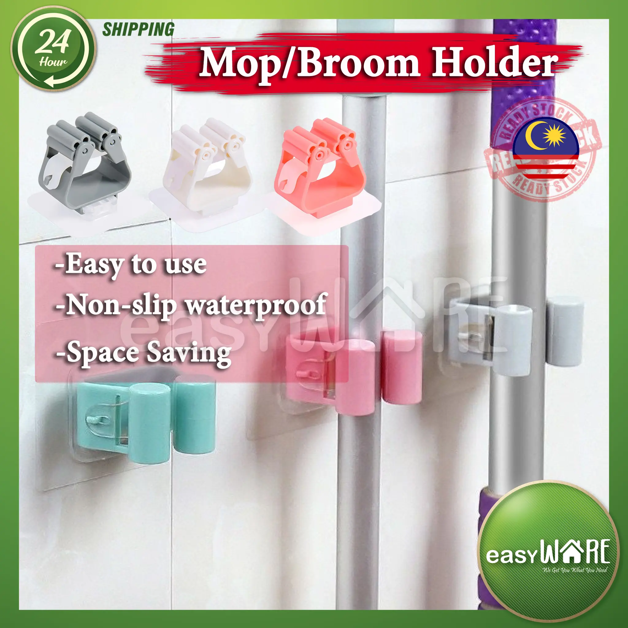Mop Holder Hook Bathroom Broom Brush Transparent Tape Holder Penyapu Penyangkut Broom Stand Waterproof