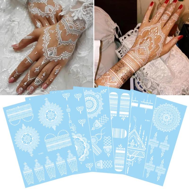 Fashion White Lace Body Art Indian Henna Tattoo Temporary Sticker Waterproof Mandala Flower Long Lasting Bride Wedding Color Sensitive Sheet 1