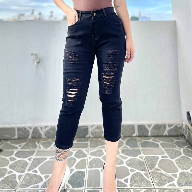 Quần jeans 9 tấc Big Size rách màu đen tuyền 4293 MLJ MoliJeans Pants Denim Nữ Baggy Women Có Túi quần  jean co giãn quần  jean phom om