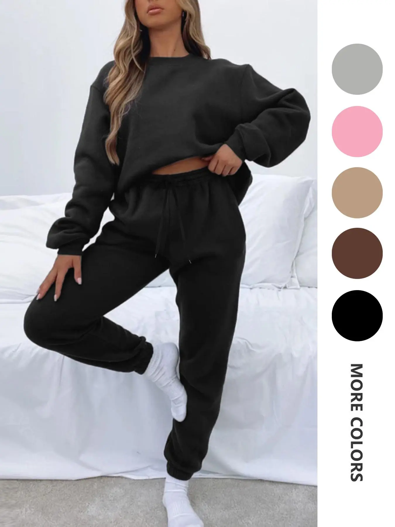 Women's Solid Drop Shoulder Sweatshirt & Drawstring Waist Sweatpants Set, Casual Fashion Cozy Round Neck Long Sleeve Pullover & Pocket Jogger Pants for Daily Wear, Ladies Two-piece Lounge Outfits for Fall & Winter