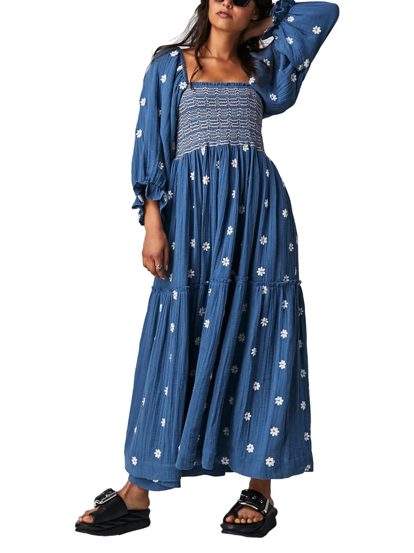 Women's Floral Embroidery Frill Trim Shirred Flounce Sleeve Dress, Boho Fashion A Line Dress for Daily Holiday Vacation Wear, Ladies Dress for All Seasons, Dresses for Women, Spring Dress, Vacation Dresses
