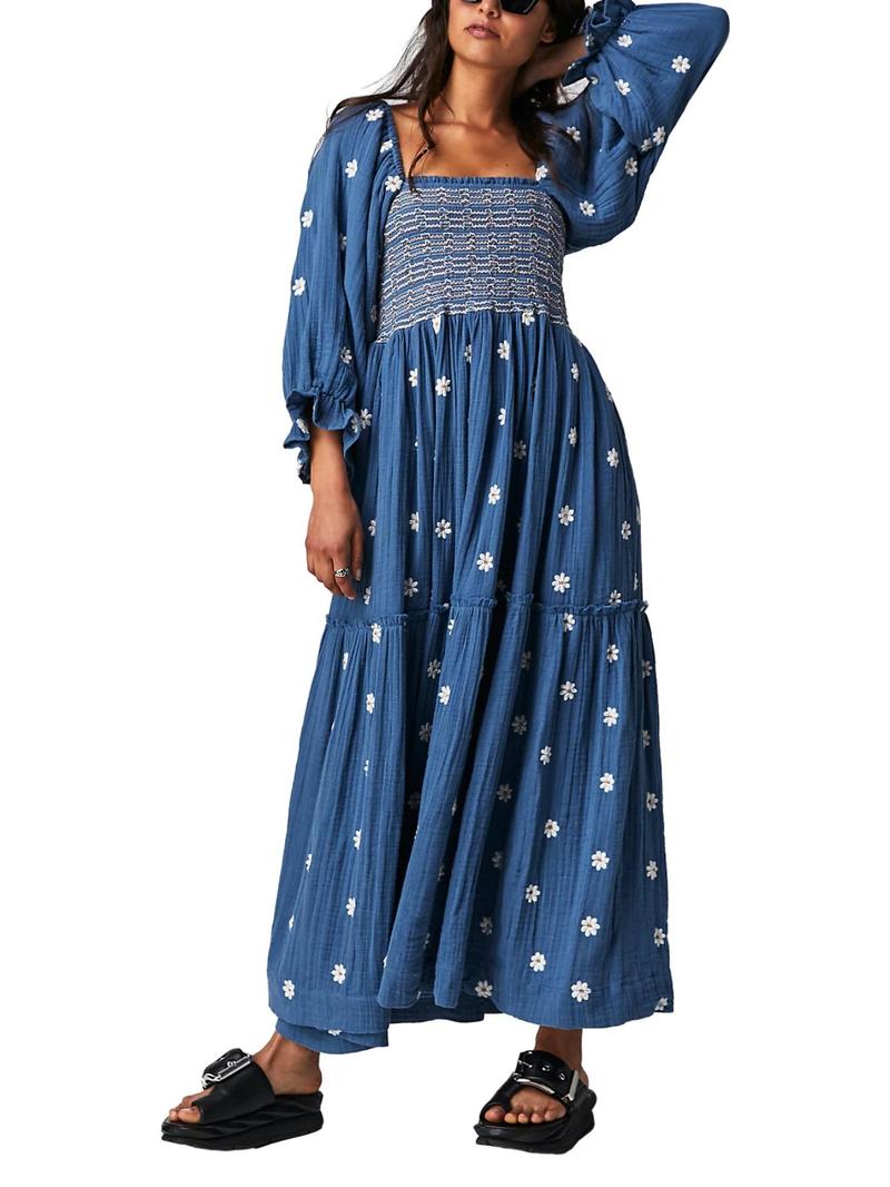 Product Introduction of Women's Floral Embroidery Frill Trim Shirred Flounce Sleeve Dress, Boho Fashion Long Sleeve Square Neck A Line Dress for Daily Holiday Vacation Wear, Ladies Dress for All Seasons, Dresses for Women,  Spring Dress 2