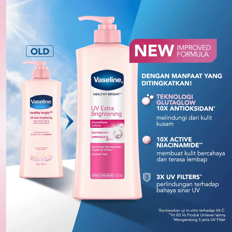 [BUY 2 FREE 3 Dove Creambath 30g] Vaseline Lotion UV Extra Brightening 400ml isi 2 1
