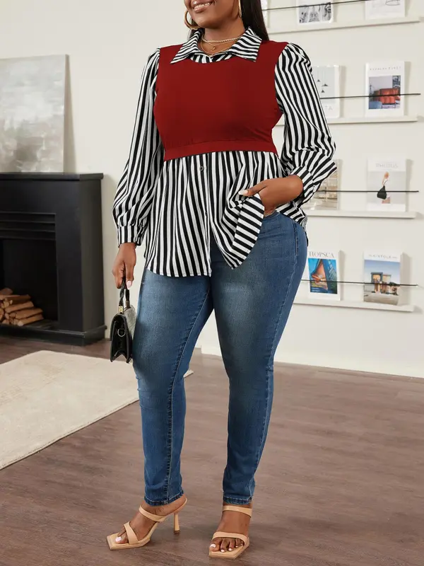 CURVZY Plus Size 2 in 1 Striped Print Bishop Sleeve Blouse, Casual Long Sleeve Collared Top for Spring & Fall, Women's Clothes for Daily Wear, Valentine's Day Gift for Girl, Fall Clothes, Winter Clothes 8