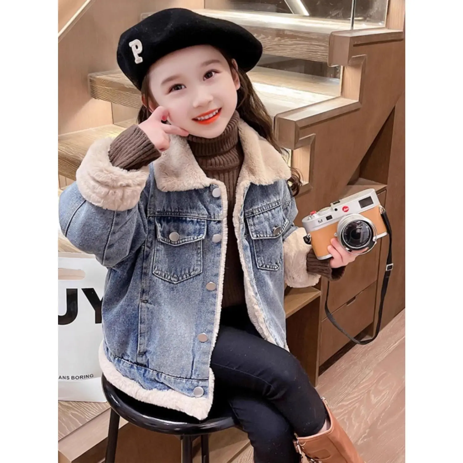 Áo Khoác Denim Lót Lông Cừu, Cho Bé Gái, Dày Dặn, Áo Khoác Bông, Mùa Thu Đông, Áo Sơ Mi Sành Điệu, Hợp Xu hướng, Hàng Mới Về Năm 2025