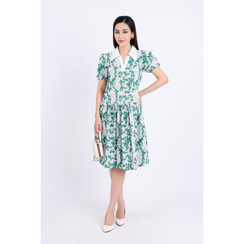  FDP33339 - Đầm dạo phố vải thô kate dáng suông cổ đức xẻ chữ V tay bồng thân váy tầng - PANTIO 